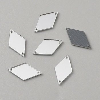 Rhombus Acrylic Mirror Sew on Rhinestone, Garments Accessories, 2-Hole Links, Silver, 17.5x9.5x1.3mm, Hole: 1mm