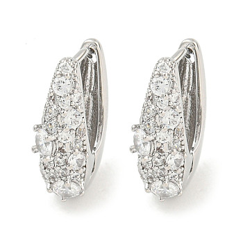 Brass Micro Pave Clear Cubic Zirconia Hoop Earrings for Women, Real Platinum Plated, 15.5x5mm