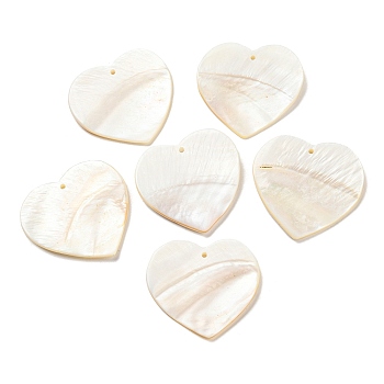 Natural Freshwater Shell Pendants, Heart Charms, White, 42~43x44.5~46x3~3.5mm, Hole: 1.8mm