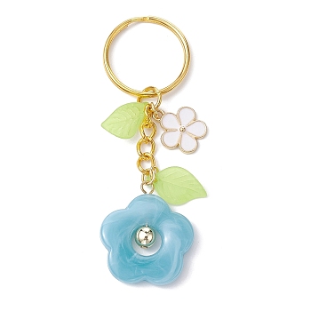 Flower Acrylic Imitation Gemstone Pendant Keychain, with Alloy Enamel Charm and Iron Split Key Rings, Light Sky Blue, 8cm