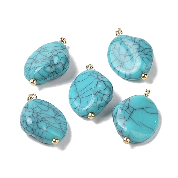 Acrylic Pendants, Imitation Gemstone, with Brass Loops, Oval, Turquoise, 21.5x13.5x6mm, Hole: 2mm