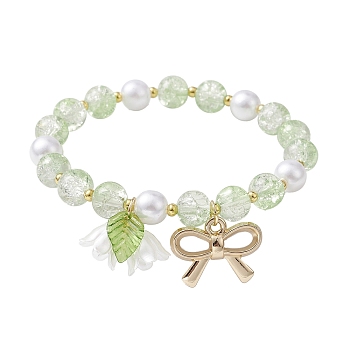 Imitation Pearl Glass & Acrylic Round Beaded Stretch Bracelets, with Alloy Bowknot Charms, Pale Green, Inner Diameter: 2 inch(5cm)