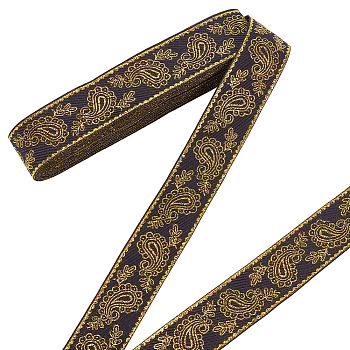Ethnic Style Embroidery Polyester Ribbons, Jacquard Ribbon, Garment Accessories, Black, Flat, Floral Pattern, 1-1/8 inch(30mm)