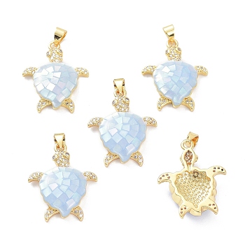 Real 18K Gold Plated Brass Micro Pave Clear Cubic Zirconia Pendants, with Shell filled in Enamel, Long-Lasting Plated, Turtle, Light Sky Blue, 26x21x5.5mm, Hole: 4x3.5mm