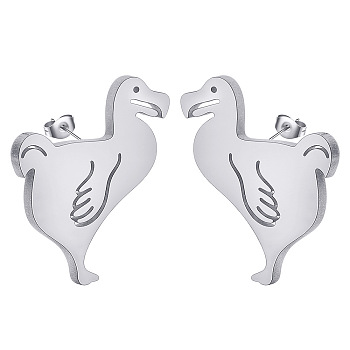 316L Stainless Steel Stud Earrings for Women, with Dodo Bird Shape, Stainless Steel Color, Dodo Bird: 12x11mm