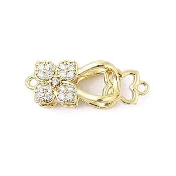 Brass Micro Pave Clear Cubic Zirconia Interlocking Clasps, Flower, Real 18K Gold Plated, 25mm