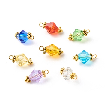 Glass Imitation Austrian Crystal Beads Pendants, Bicone, Faceted, with Brass Ball Head Pins and Tibetan Style Alloy Daisy Spacer Beads, Golden, Mixed Color, 15x7.5mm, Hole: 1.8mm