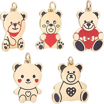 5Pcs 5 Style 316 Surgical Stainless Steel Enamel Pendants, Little Bear Shape, Red & Black, Golden, 16~16.5x11.5~16x0.8mm, 1pc/style