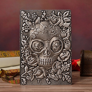 3D Embossed PU Leather Notebook, A5 Halloween Skull Pattern Journal, for School Office Supplies, Antique Silver, 215x145mm