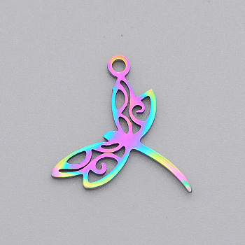 Ion Plating(IP) 201 Stainless Steel Pendants, Laser Cut, Dragonfly, Rainbow Color, 15x17.5x1mm, Hole: 1.4mm