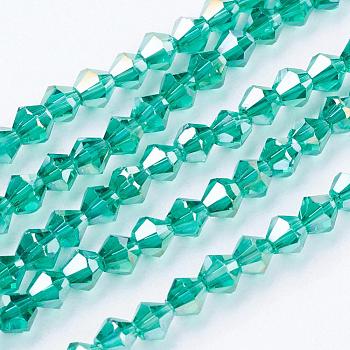 Glass Beads Strands, AB Color Plated, Faceted, Bicone, Light Sea Green, 4x4mm, Hole: 1mm, about 92~96pcs/strand, 13.78~14.37 inch
