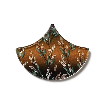 Printed Acrylic Pendants, Fan with Flower, Saddle Brown, 32x39.5x2mm, Hole: 1.6mm