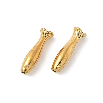 304 Stainless Steel Beads, Ion Plating(IP), Fish, Real 18K Gold Plated, 14x4x4mm, Hole: 0.9mm