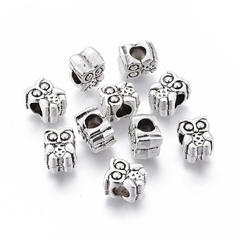Alloy European Beads, Long-Lasting Plated, Large Hole Owl Beads, Antique Silver, 11.5x9x8mm, Hole: 5mm