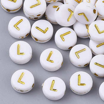 Plating Acrylic Beads, Golden Metal Enlaced, Horizontal Hole, Flat Round with Alphabet, White, Letter.L, 7x3.5mm, Hole: 1.2mm, about 3600pcs/500g