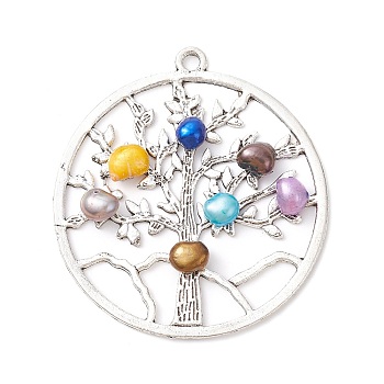 Tibetan Style Alloy Pendants, with Natural Cultured Freshwater Pearl Beads, Colorful, 60x55.5x6mm, Hole: 3.2mm
