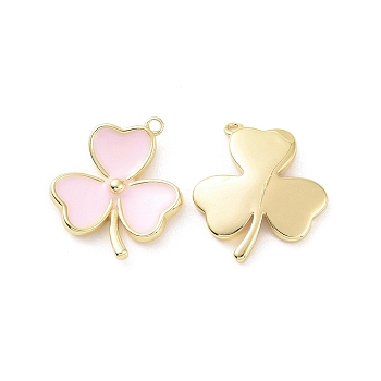 Ion Plating(IP) Brass Enamel Pendants, Clover, Real 18K Gold Plated, Pink, 17.5x16x2.5mm, Hole: 1mm