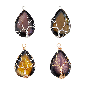 4Pcs 4 Colors Natural Crackle Agate Pendants, Dyed, with Eco-Friendly Copper Wire Wrapped, Teardrop with Tree Charm, Golden & Silver, 49~52x31~32x9~11mm, Hole: 3.2~3.8mm, 1pc/color