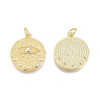 Brass Pave Cubic Zirconia Pendants, with Jump Rings, Nickel Free, Real 18K Gold Plated, Flat Round with Eye, Clear, 23x20x2mm, Jump Ring: 6x1mm, 4mm inner diameter