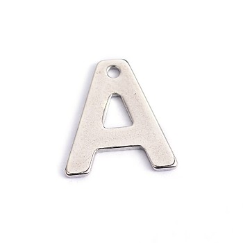 304 Stainless Steel Letter Charms, Letter.A, 11x10x0.5mm, Hole: 1mm