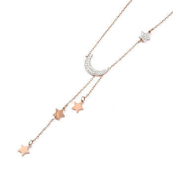 Ion Plating(IP) 304 Stainless Steel with Polymer Clay Rhinestone Necklaces, Star & Moon Pendant Necklaces for Women, Rose Gold, 16.73 inch(42.5cm)