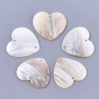 Freshwater Shell Links connectors, Heart, Creamy White, 42x45x2~3mm, Hole: 2mm