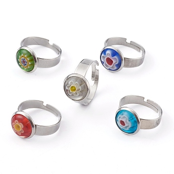 Adjustable Handmade Millefiori Glass Finger Rings, with 304 Stainless Steel Findings, Flower, Mixed Color, Ring Surface: 12mm, US Size 6 3/4(17.1mm)