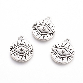 Rack Plating Tibetan Style Alloy Pendant Rhinestone Settings, Flat Round with Evil Eye, Antique Silver, 19.5x15.5x2mm, Hole: 1.5mm, Fit For SS3.5(1.4~1.5mm) Rhinestone