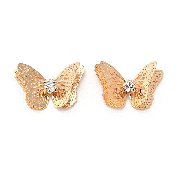 Brass Cabochons, with Rhinestone, Butterfly, Light Gold, 14x22x5.5mm
