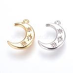 Brass Charms, Cadmium Free & Lead Free, with Cubic Zirconia, Moon, Mixed Color, 16x10x2mm, Hole: 1.2~1.5mm(ZIRC-G116-06)