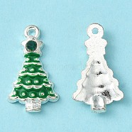 Alloy Enamel Pendants, Cadmium Free & Lead Free, with Rhinestones, Christmas Tree, Green, Silver Color Plated, Green, about 21mm long, 12mm wide, 4mm thick, hole: 1.5mm(BSAFH230-3)