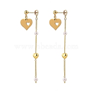 304 Stainless Steel Dangle Stud Earrings, with CCB Plastic Imitation Pearl, Brass Ear Nuts and Curb Chains, Heart, Golden, 67mm, Pin: 0.7mm(EJEW-JE04246-01)