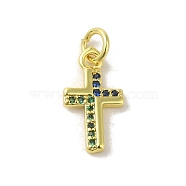 Brass Micro Pave Cubic Zirconia Pendants, Real 18K Gold Plated, Cross Charms, Colorful, 15x8x1.5mm, Hole: 3mm(KK-M283-20I-02)