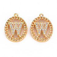 Brass Micro Pave Clear Cubic Zirconia Pendants, Nickel Free, Real 18K Gold Plated, Oval with Word, Letter.W, 17x13x3mm, Hole: 1mm(KK-S360-143W-NF)