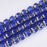 Electroplate Glass Beads Strands, Half Silver Plated, Faceted, Round, Blue, 8~8.5x7~8mm, Hole: 1mm, about 40pcs/strand, 11.8 inch(EGLA-T019-02C)