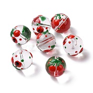 Transparent Glass Beads, with Enamel, Round, Red, Cherry Pattern, 14~15x13~13.5mm, Hole: 1.5~1.6mm(LAMP-B021-03B-12)
