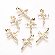 Brass Micro Pave Cubic Zirconia Pendants, Cadmium Free & Nickel Free & Lead Free, Cross, Real 18K Gold Plated, 22.5x15x3mm, Hole: 2.5x3mm(ZIRC-E108-10G-NR)