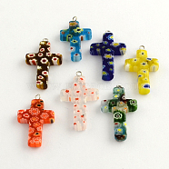 Handmade Millefiori Glass Pendants, with Platinum Plated Iron Findings, Cross, Mixed Color, 30~35x20~22x4mm, Hole: 1.5~2mm(X-LK-R005-11)