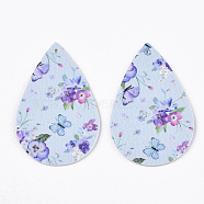 PU Leather Big Pendants, Double Sided, teardrop, With Butterfly Pattern, White, 56x37x2mm, Hole: 1.6mm(FIND-R072-10-C05)