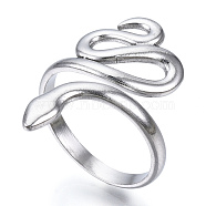 304 Stainless Steel Snake Open Cuff Ring for Women, Stainless Steel Color, US Size 6 3/4(17.1mm)(RJEW-N040-01)
