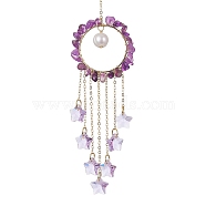 Glass Star Pendant Decorations, with Wire Wrapped Natural Amethyst Chips and Natural Cultured Freshwater Pearl, for Home Decorations, 205mm, Hole: 9.7mm(HJEW-JM01247-01)