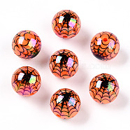 UV Plating Acrylic Beads, Iridescent, Halloween Theme, Round with Spider Pattern, Coral, 15.5mm, Hole: 2.4mm(PACR-N015-13B-03)