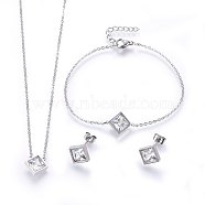 304 Stainless Steel Jewelry Sets, Pendant Necklaces & Stud Earrings & Bracelets, with Cubic Zirconia, Rhombus, Stainless Steel Color, 16.93 inch(43cm), 7-1/8 inch(18cm), 12x12x4mm, Pin: 0.8mm(SJEW-H137-25P)