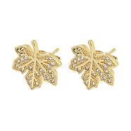 Brass Micro Pave Cubic Zirconia Ear Studs, Real 18K Gold Plated, Leaf, 14x13mm(EJEW-P261-28A-G)