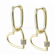 Brass Micro Pave Clear Cubic Zirconia Dangle Huggie Hoop Earrings, Nickel Free, Heart, Real 18K Gold Plated, 32mm, Pin: 1x1mm(EJEW-S201-222-NF)