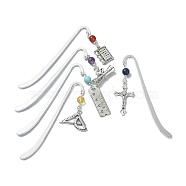 5Pcs 5 Style Cross Ruler Scroll Alloy Pendant Bookmark, Gemstone Bead Bookmarks, Hook Bookmark, Mixed Color, 84x13x1.5mm, 1pc/style(AJEW-TA00013)
