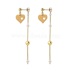 304 Stainless Steel Dangle Stud Earrings, with CCB Plastic Imitation Pearl, Brass Ear Nuts and Curb Chains, Heart, Golden, 67mm, Pin: 0.7mm(EJEW-JE04246-01)