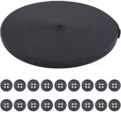 20Pcs Resin Buttons with 30M Polypropylene & Polycotton Flat Elastic Cord, Adjustable Band, for Pants Button Extenders, Black, 15.5mm, 30m(DIY-GF0009-64A)