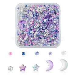 12Pcs 4 Style Moon & Star Transparent Spray Painted Glass Beads, with 45g Glass Round Seed Beads, Mixed Color, 2~14x3~9.5x3~5mm, Hole: 0.8~1.5mm(GLAA-FS0001-67)