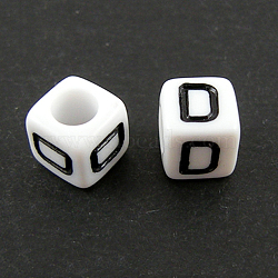 Letter Acrylic European Beads, Horizontal Hole, Cube, Letter.D, 10x10x10mm, Hole: 3.5~4mm, about 598pcs/500g(OPDL-R050-10mm-D)